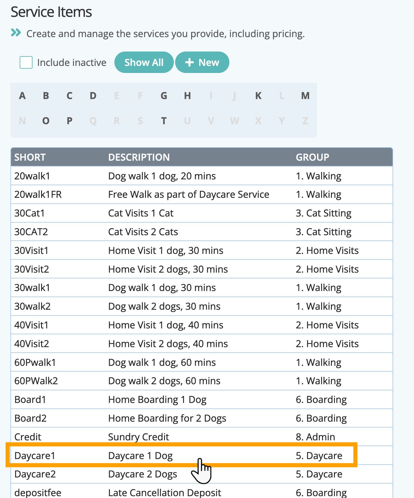 Set up a service to show in the planner in dog walking software