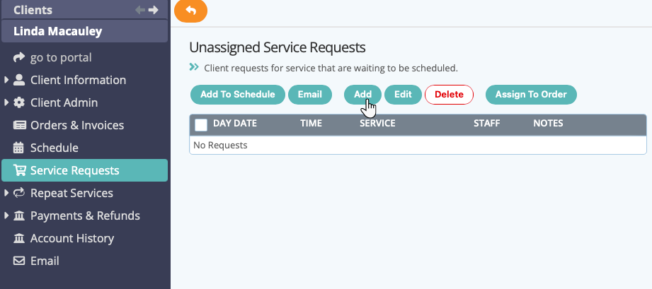 Add a new service request from a clients account in pet sitting software