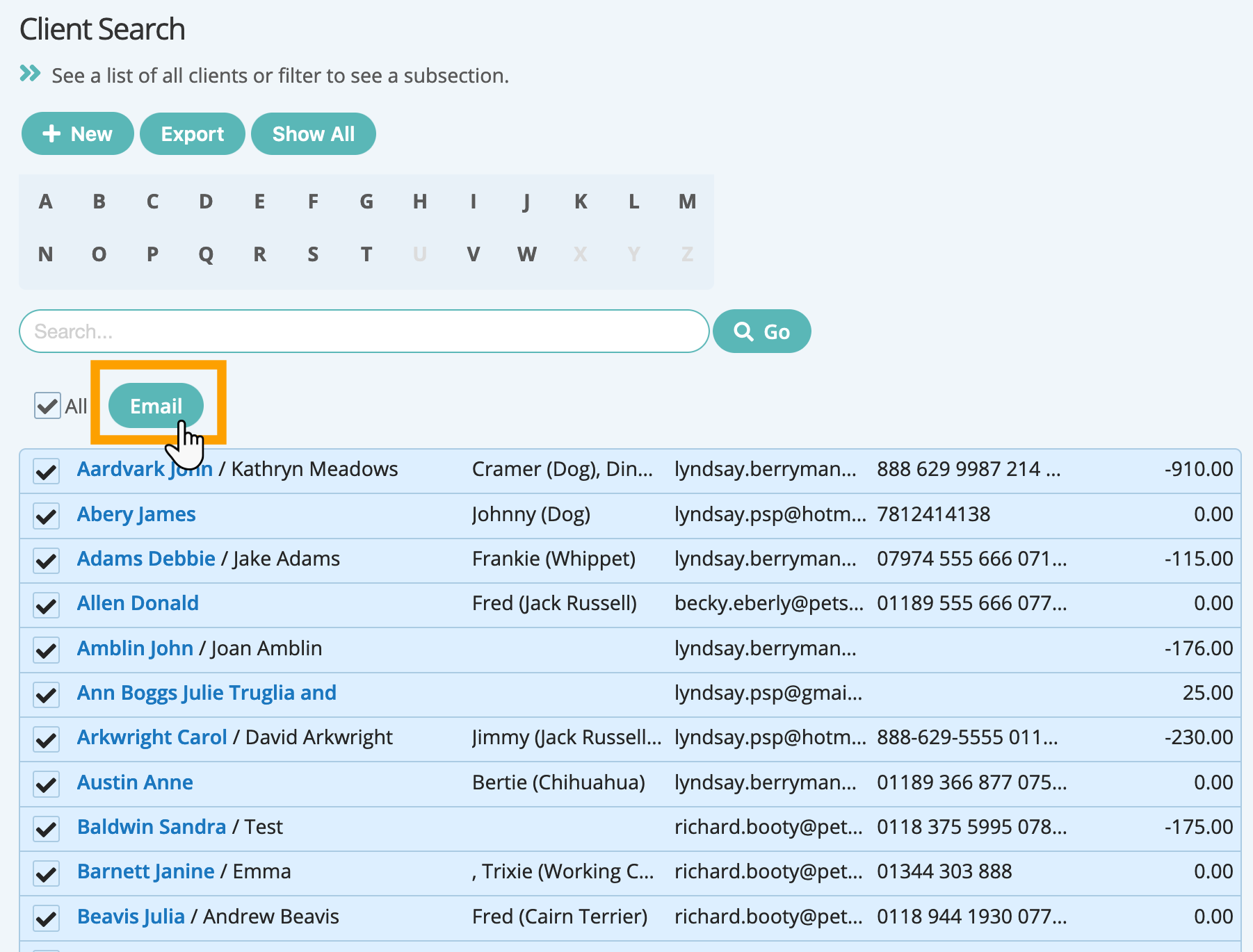 Email all or selected clients from the client account in dog walker software