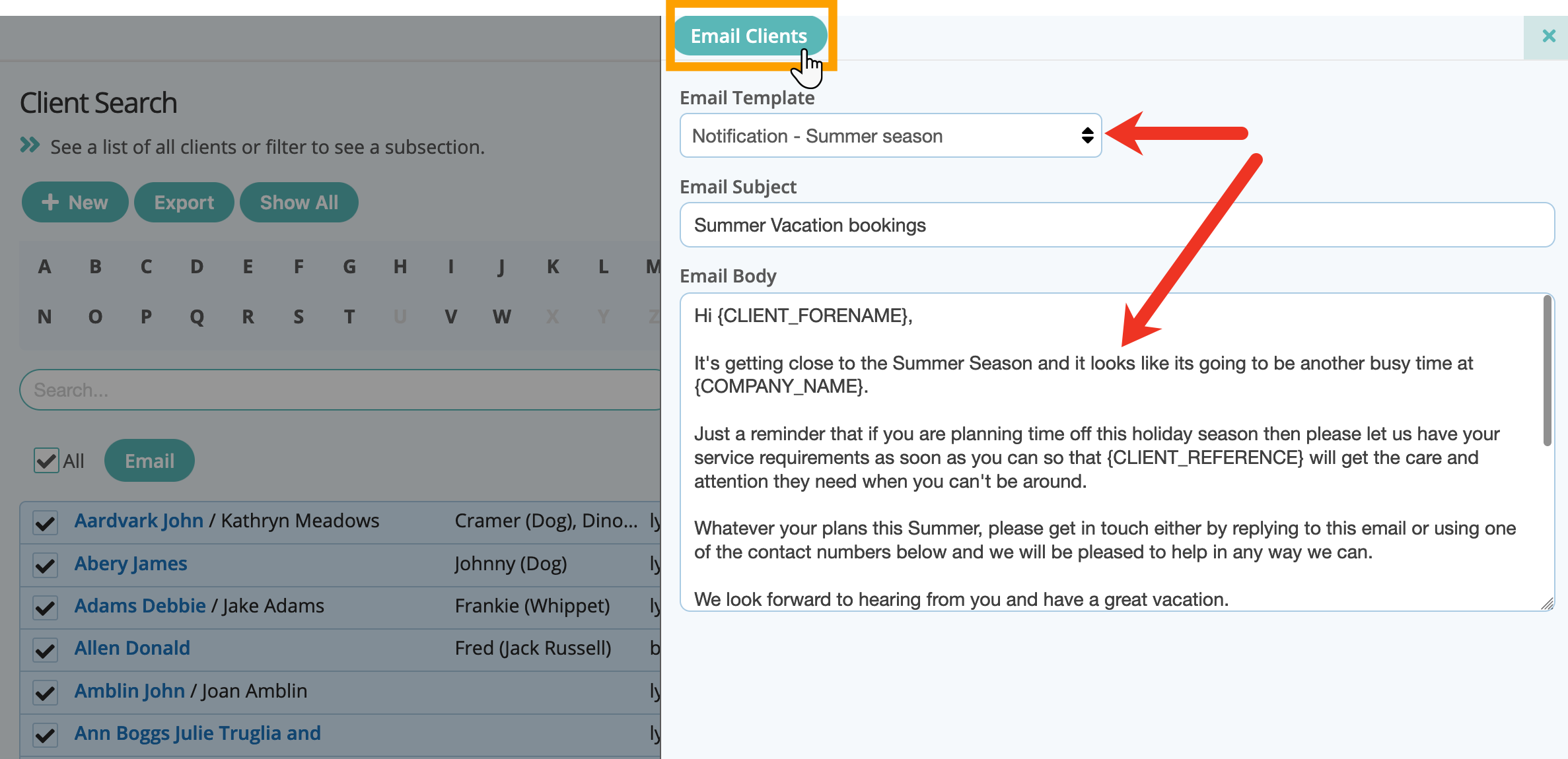 Email all or selected clients from the client account in dog walking software