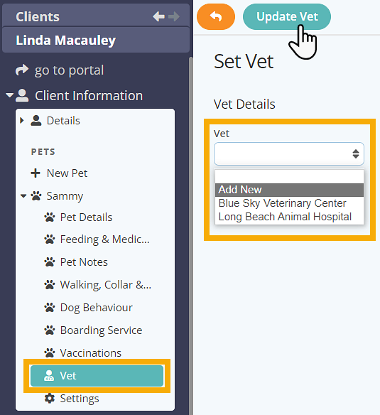 Learn how to add vet details onto a pet record in a client account on dog walking software