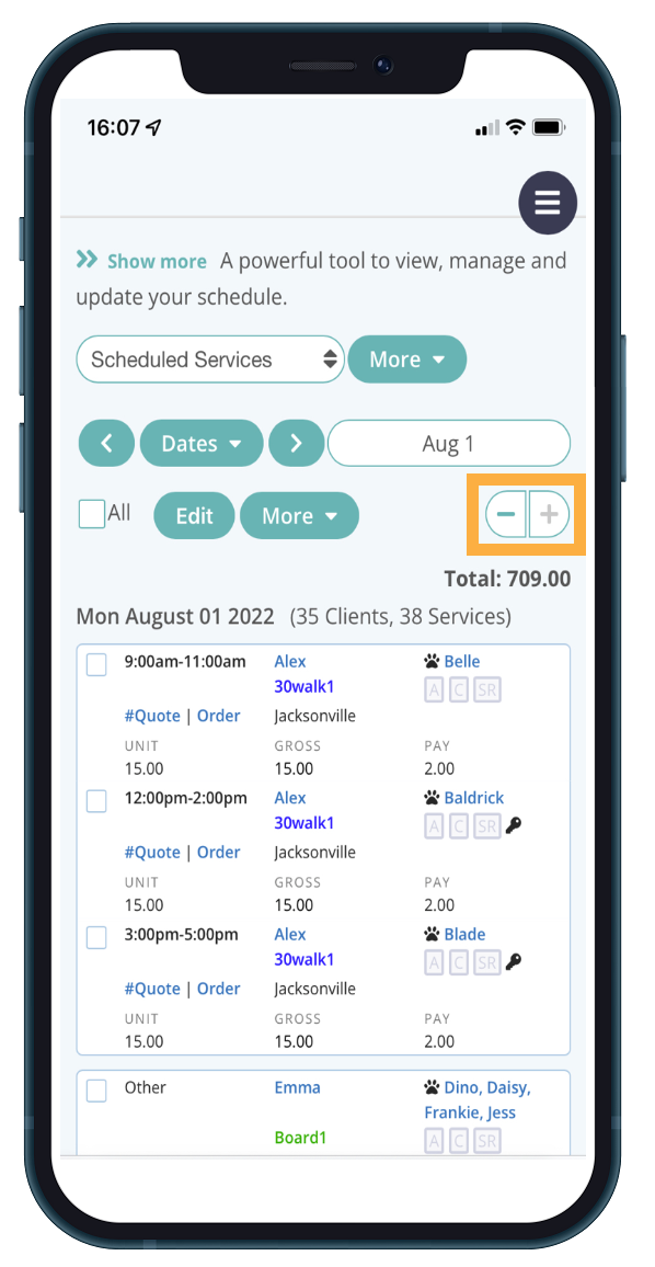 Schedule List View on the Mobile Interface in Cat Sitting Software