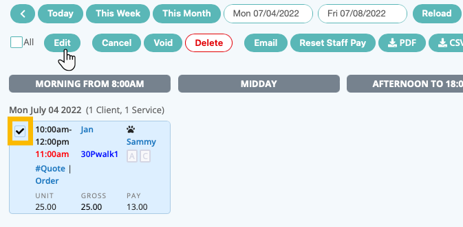 Learn how to edit a service in the schedule in dog walking software