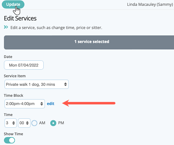 Learn how to change a time of a service in the schedule in dog walking software