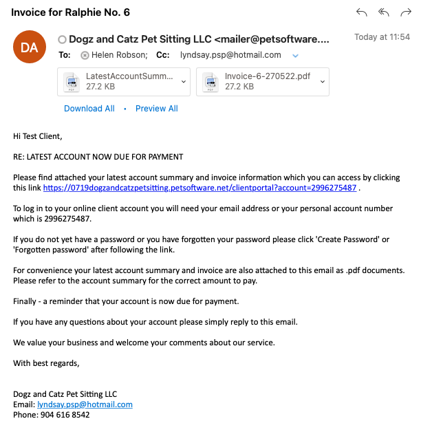 View the invoice email sent to a client in pet sitting software