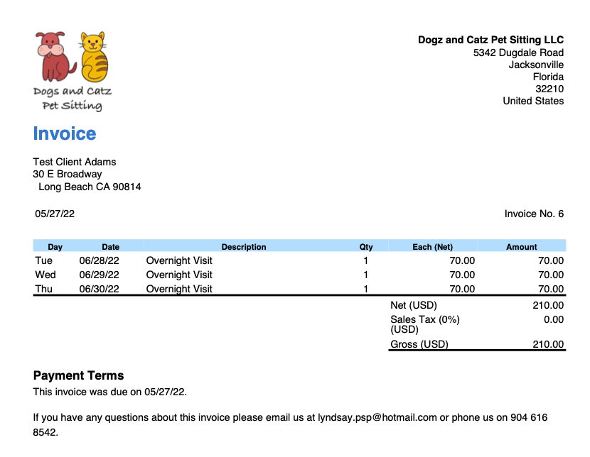 View the client invoice in pet sitting software