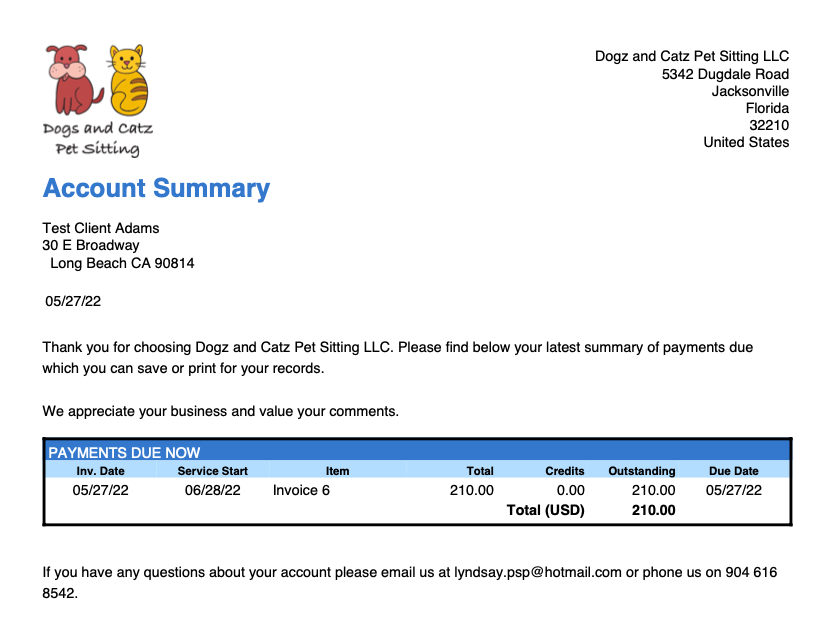 View the client account summary in pet sitting software