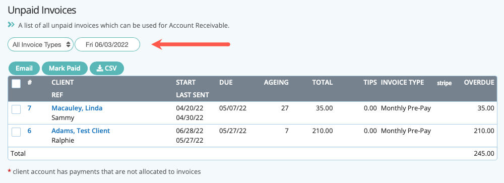 View unpaid invoices report in dog walking software