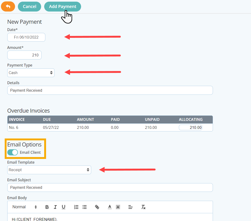 Enter payment details on a client account in dog daycare software