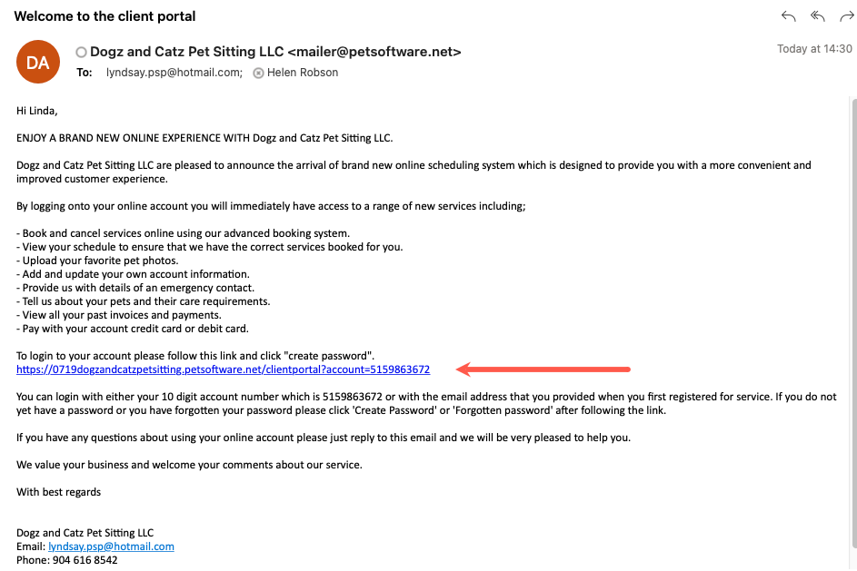 Receive the client portal welcome email in dog sitting software