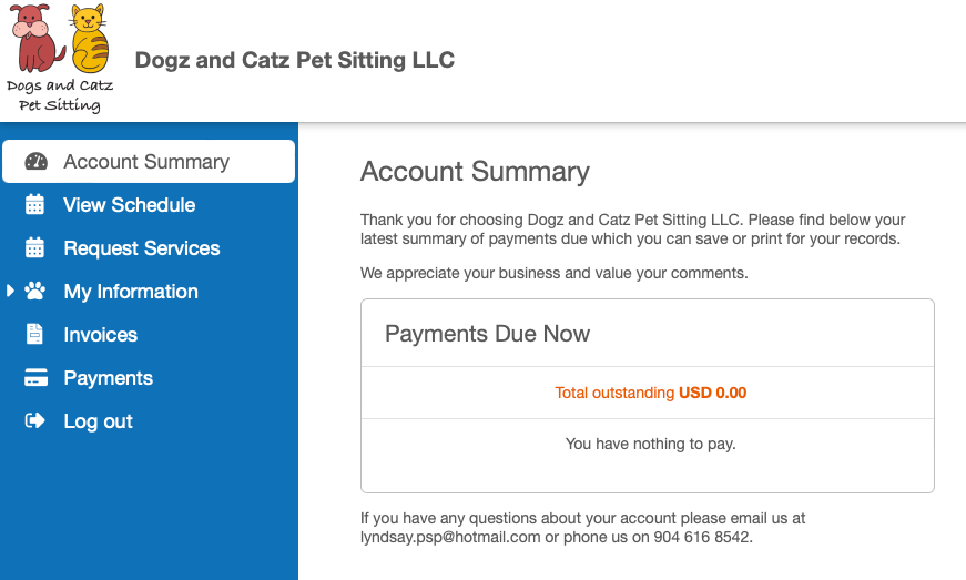 Access the account summary page of the client portal in dog sitting software