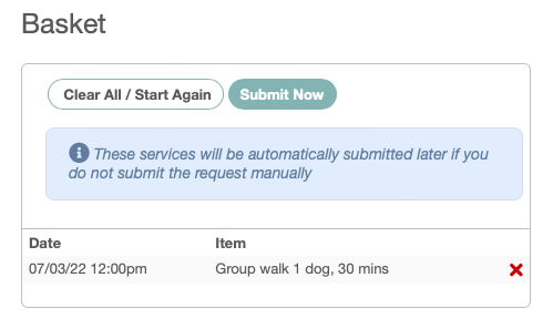 Add your service request to the basket in the client portal in dog sitting software