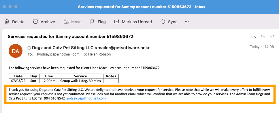 Receive a confirmation email of a request for service in dog sitting software