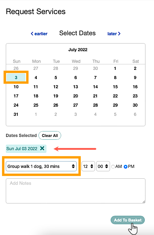 Add a date for a service and a service item in the client portal in dog sitting software