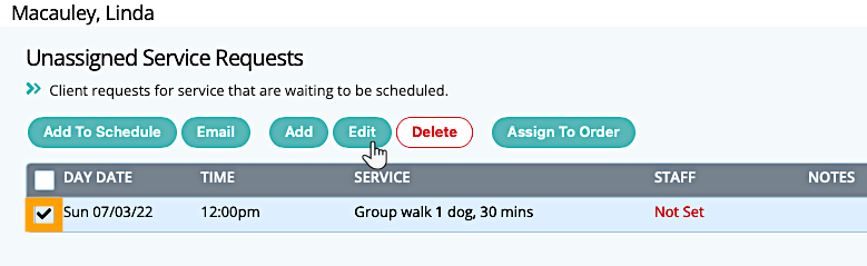 Editing service requests for your cat sitting company in your pet sitter software