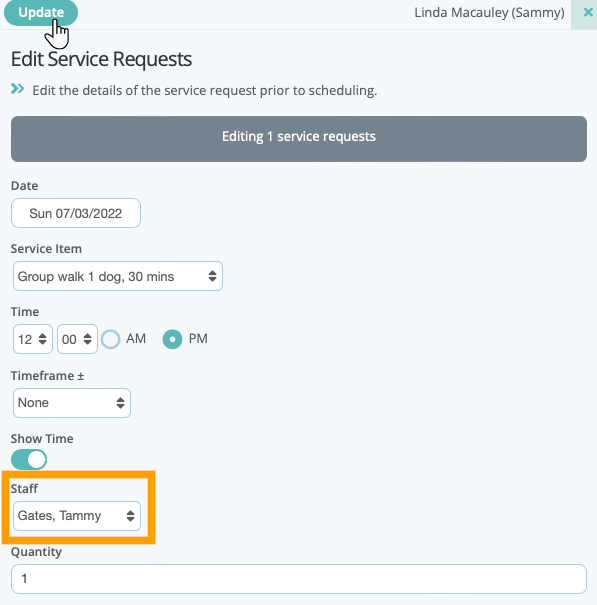 Change the sitter on a service request from a client in dog walking software