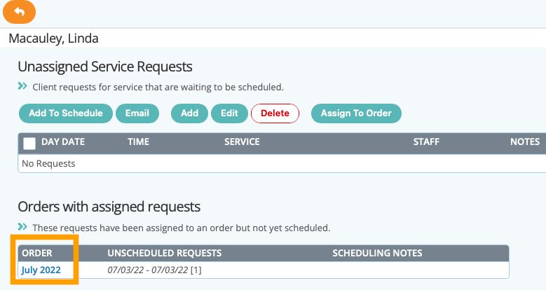 View the service request has been assigned to a client order in dog walking software