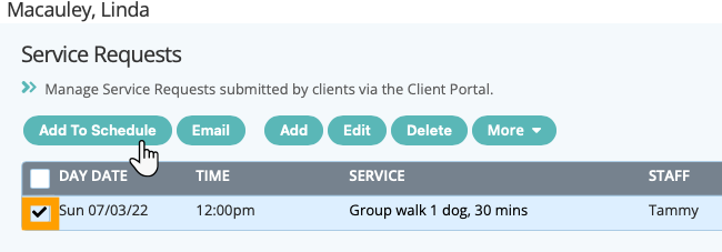 Assign the service request to the schedule in dog walking software