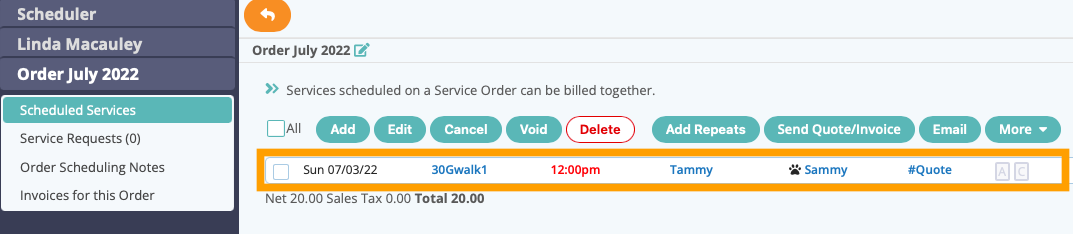 View the scheduled service request in the client order in dog walking software