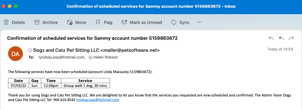 View the confirmation email of a scheduled service request for a client in dog walking software