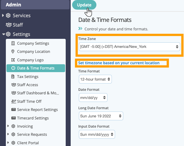 Learn how to change a timezone in admin settings in dog walker software