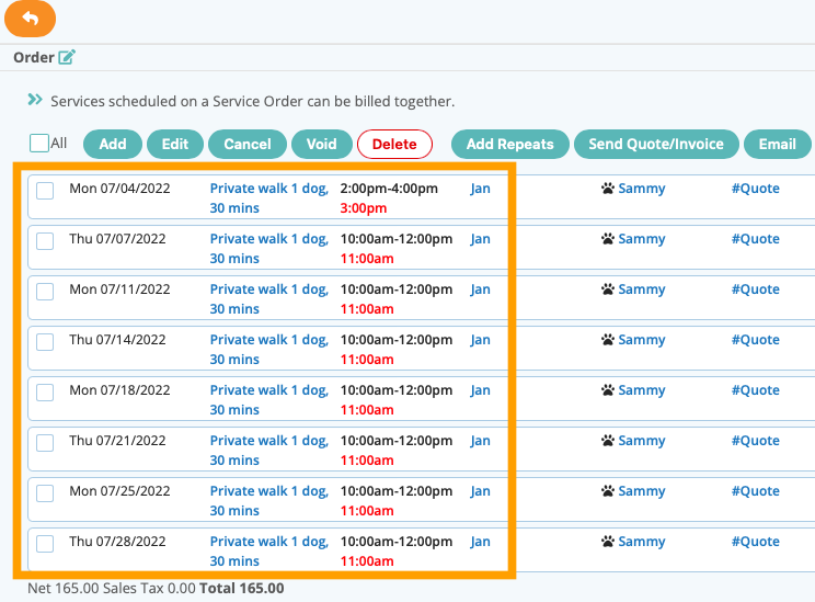 View the different date and time formats in the schedule in dog walker software