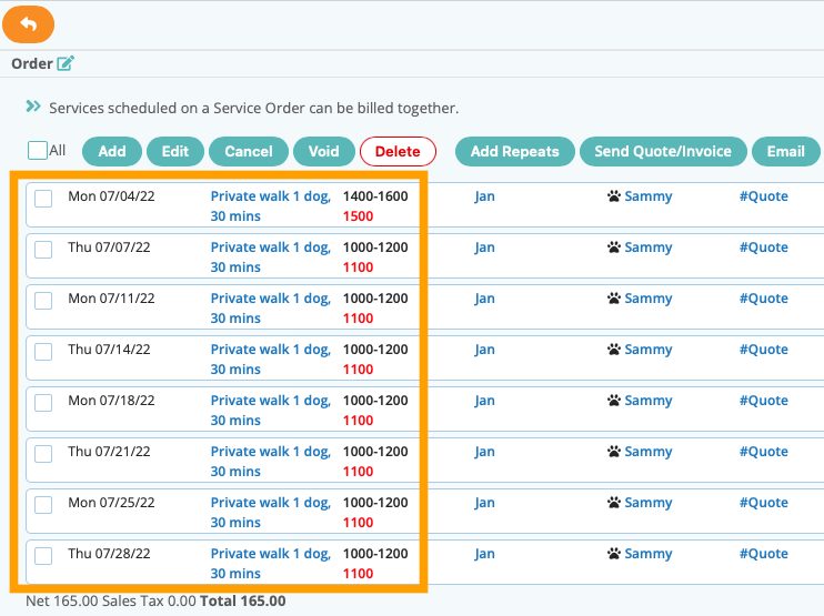 View the updated date and time formats in the schedule in dog walker software