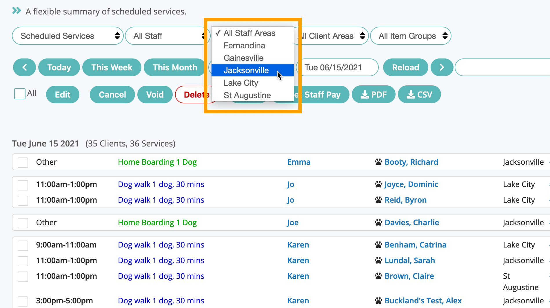 Filter schedule by staff area for dog walking software