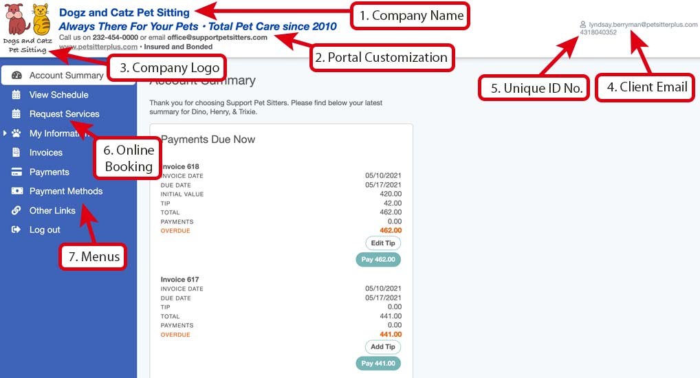 See an overview of the client portal home screen and how to navigate in pet sitting software