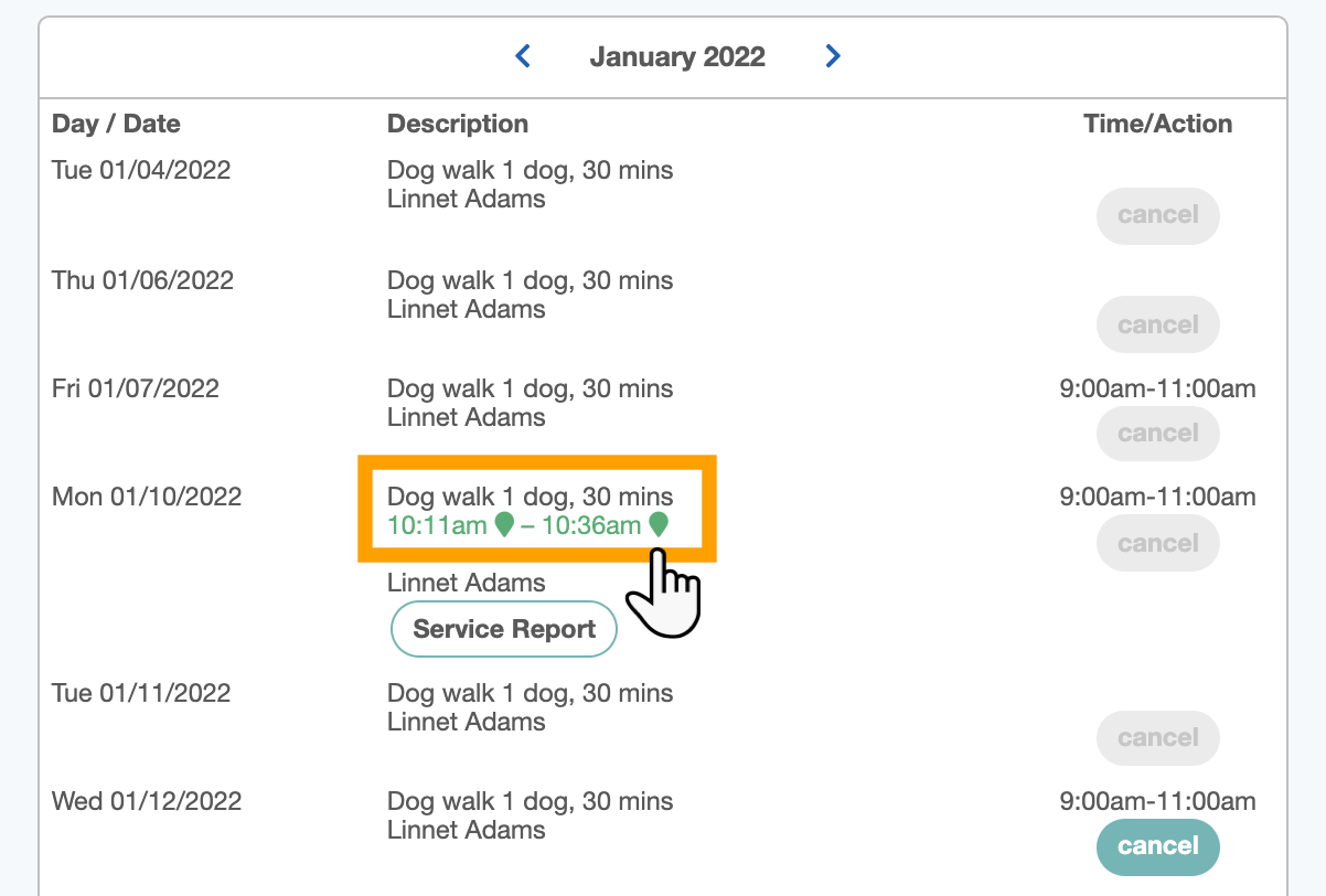 View the GPS time and location marker in the portal of pet sitting software