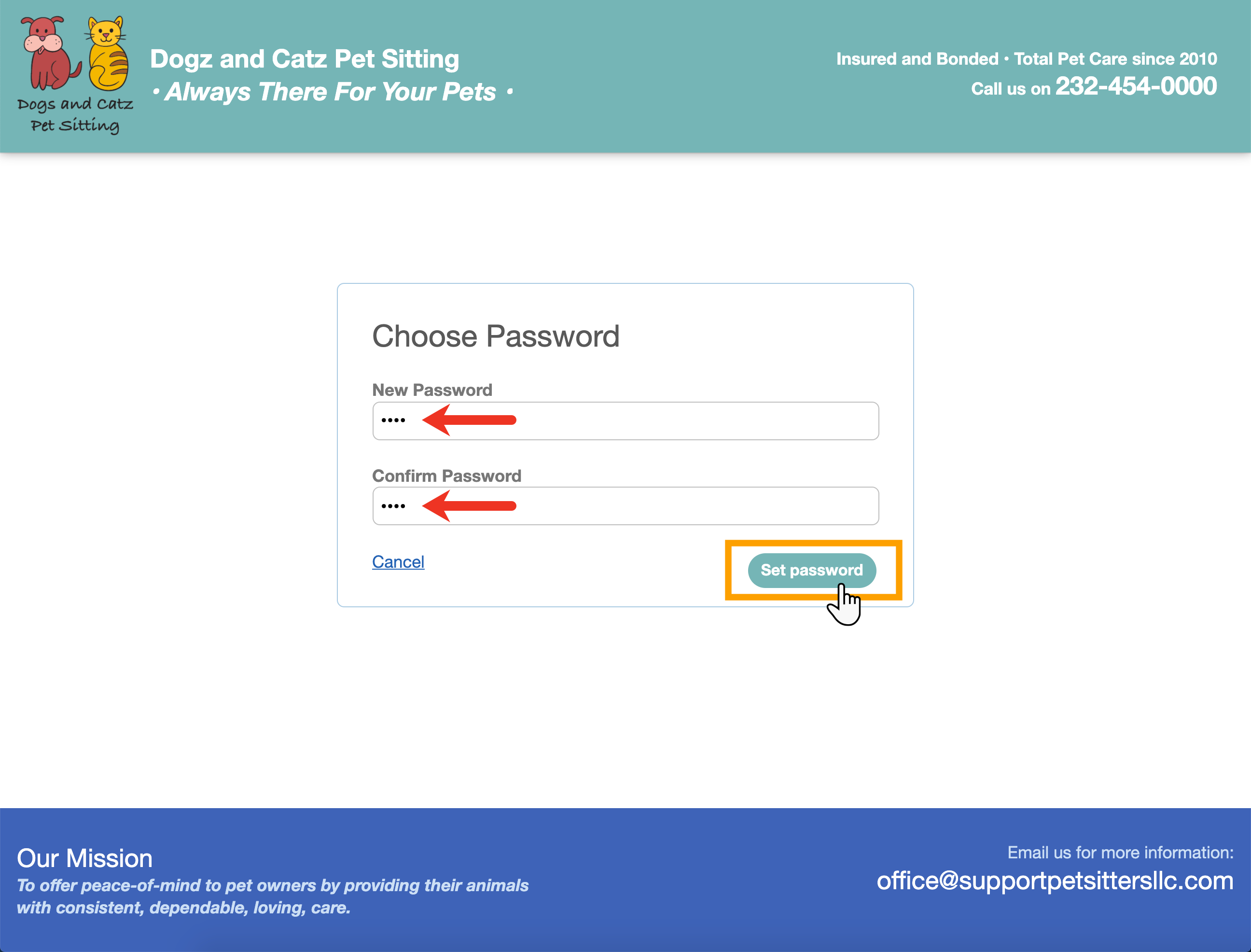 Enter your new password in dog day care software