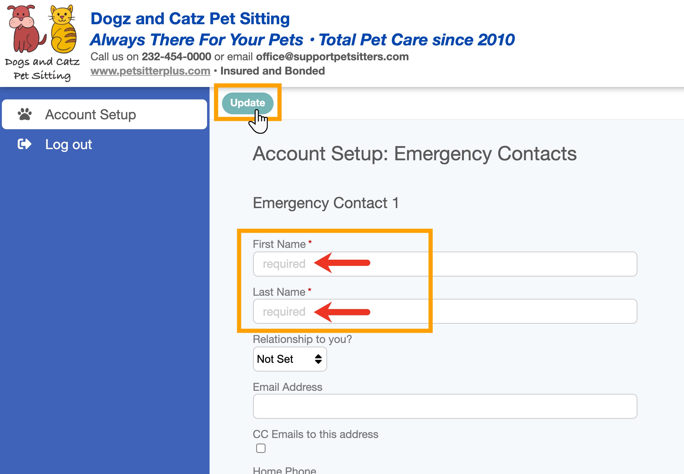 Complete all the required fields to complete account setup in dog daycare software