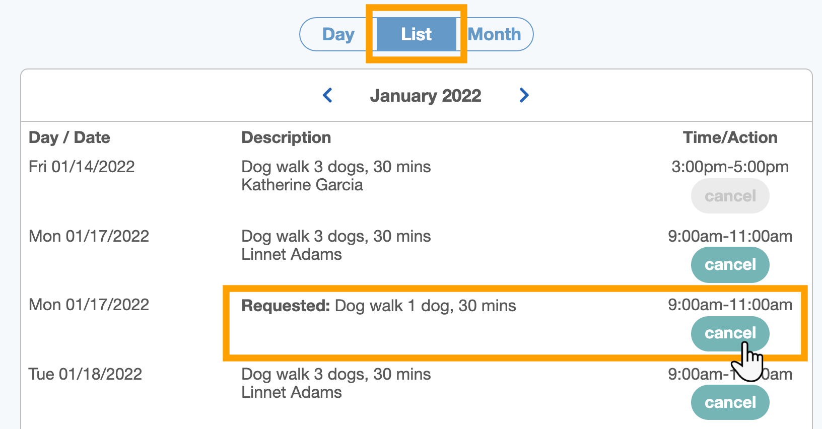 Cancel a service request in dog walking software