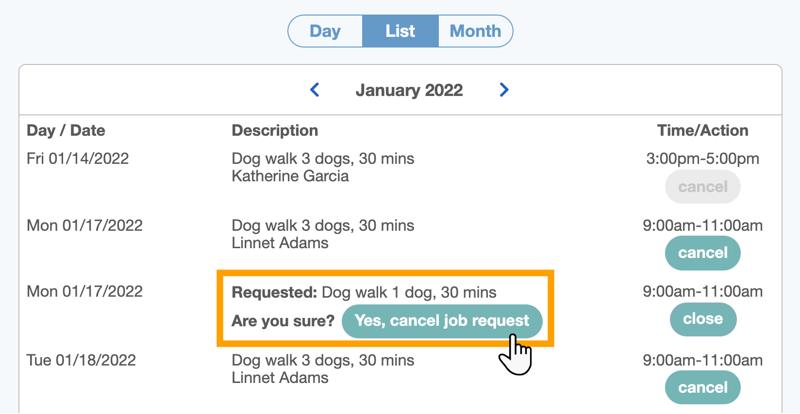 Confirm a Cancelled service request in dog walker software