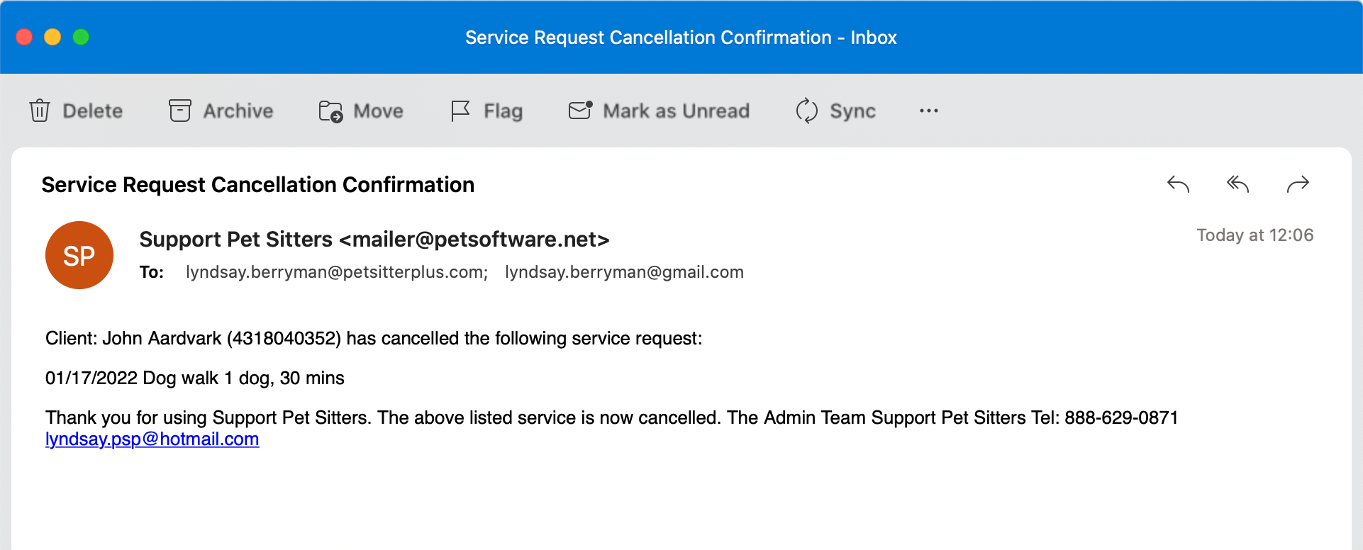 Confirmation email that a service request has been cancelled in the client portal in dog walker software