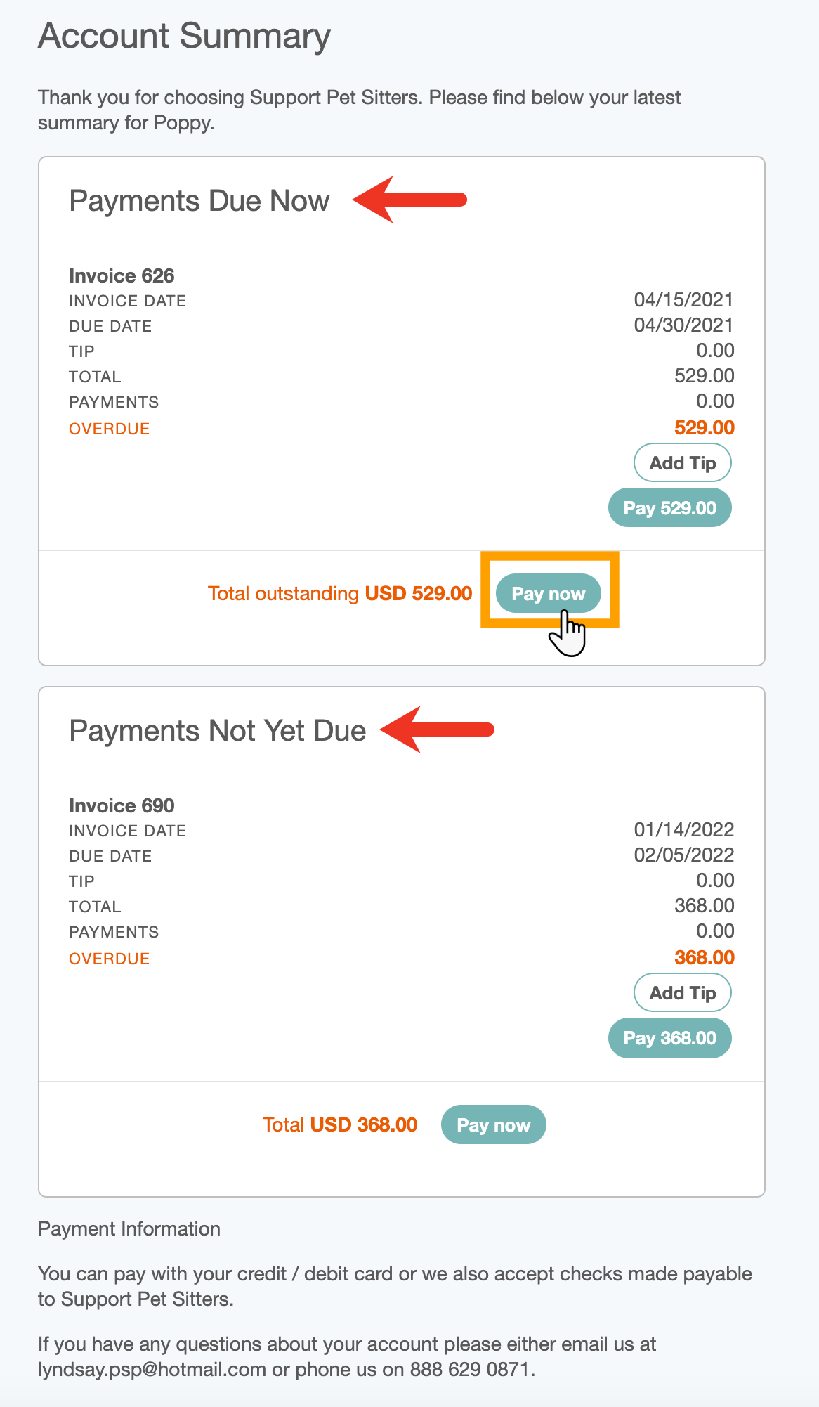 The Account Summary tells the client what they owe now or is due in the future in pet sitting software