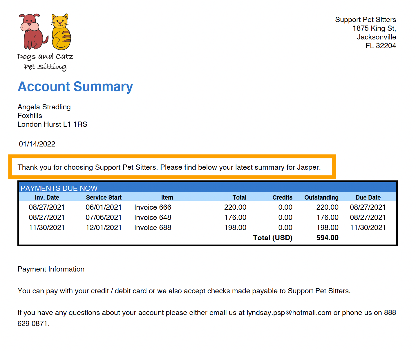 Make changes to the wording at the top of the account summary in cat sitting software