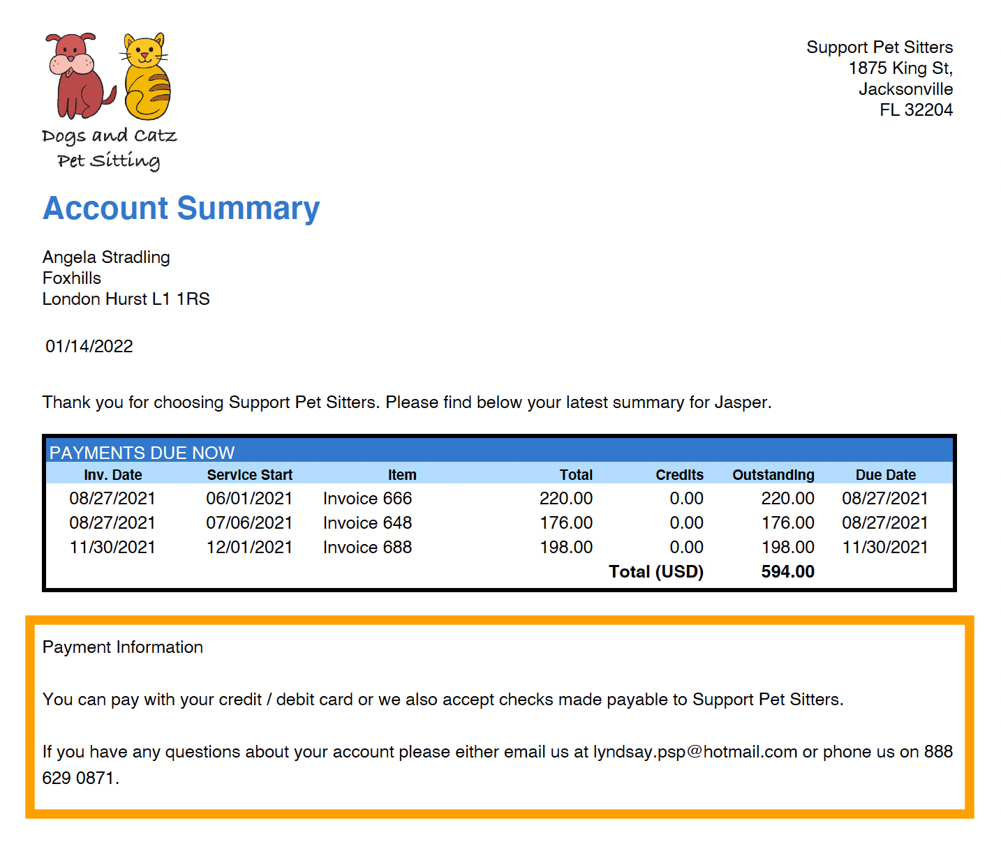 Make changes to the wording at the bottom of the account summary in pet sitting software