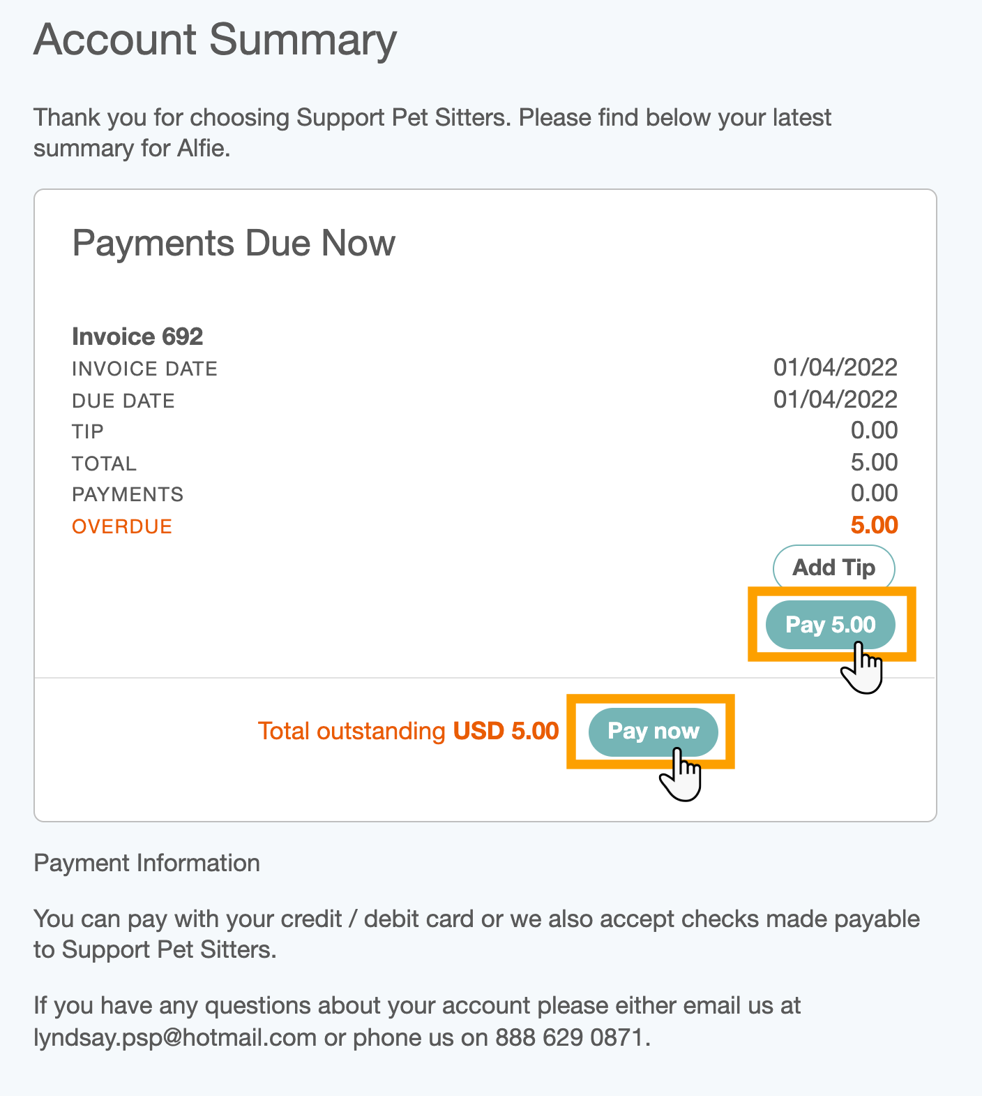 Paying by credit or debit card in the portal in dog walking software