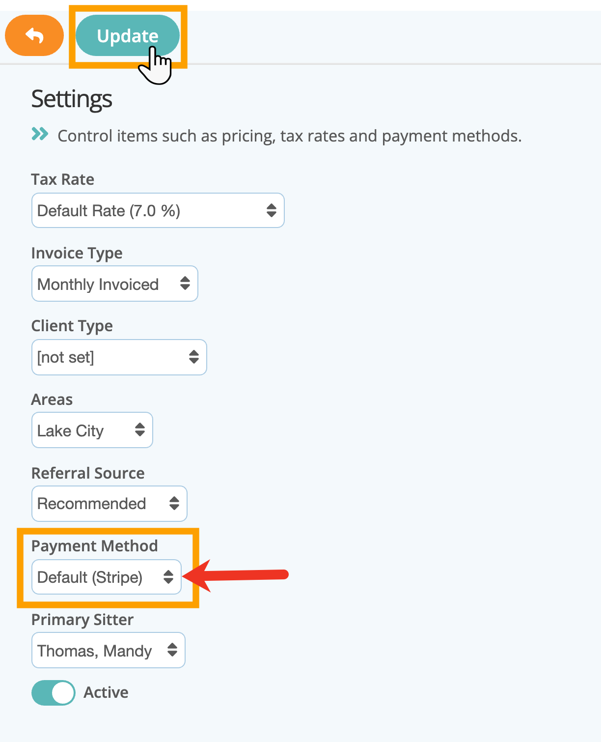 Set a client payment processor to Stripe in dog walker software