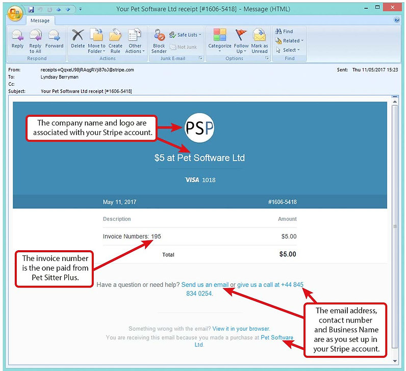 sample email of what an stripe payment email looks like for your dog walking company