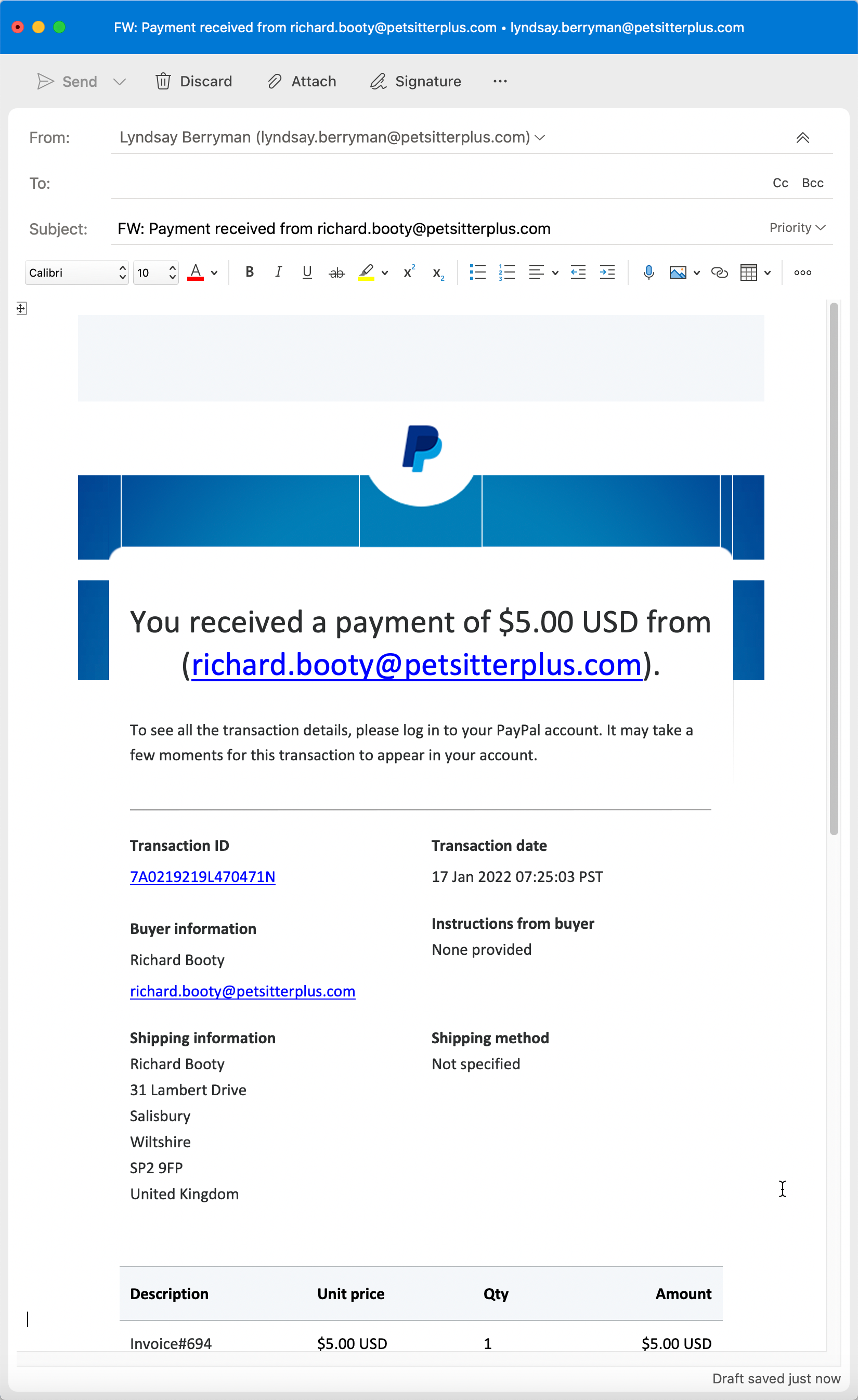 example email of a payment made by PayPal in dog walking software