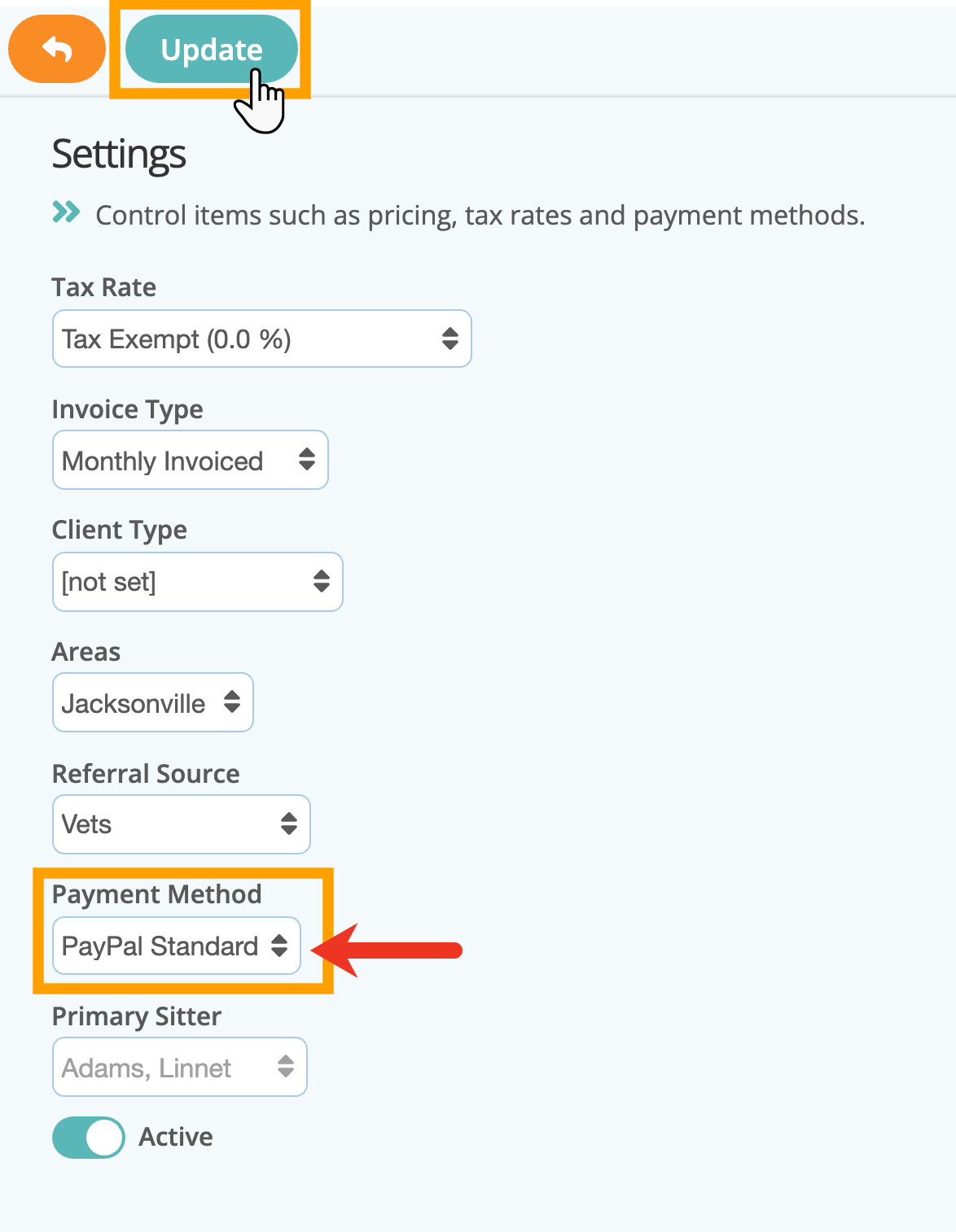 Set a client payment processor to PayPal in dog walker software