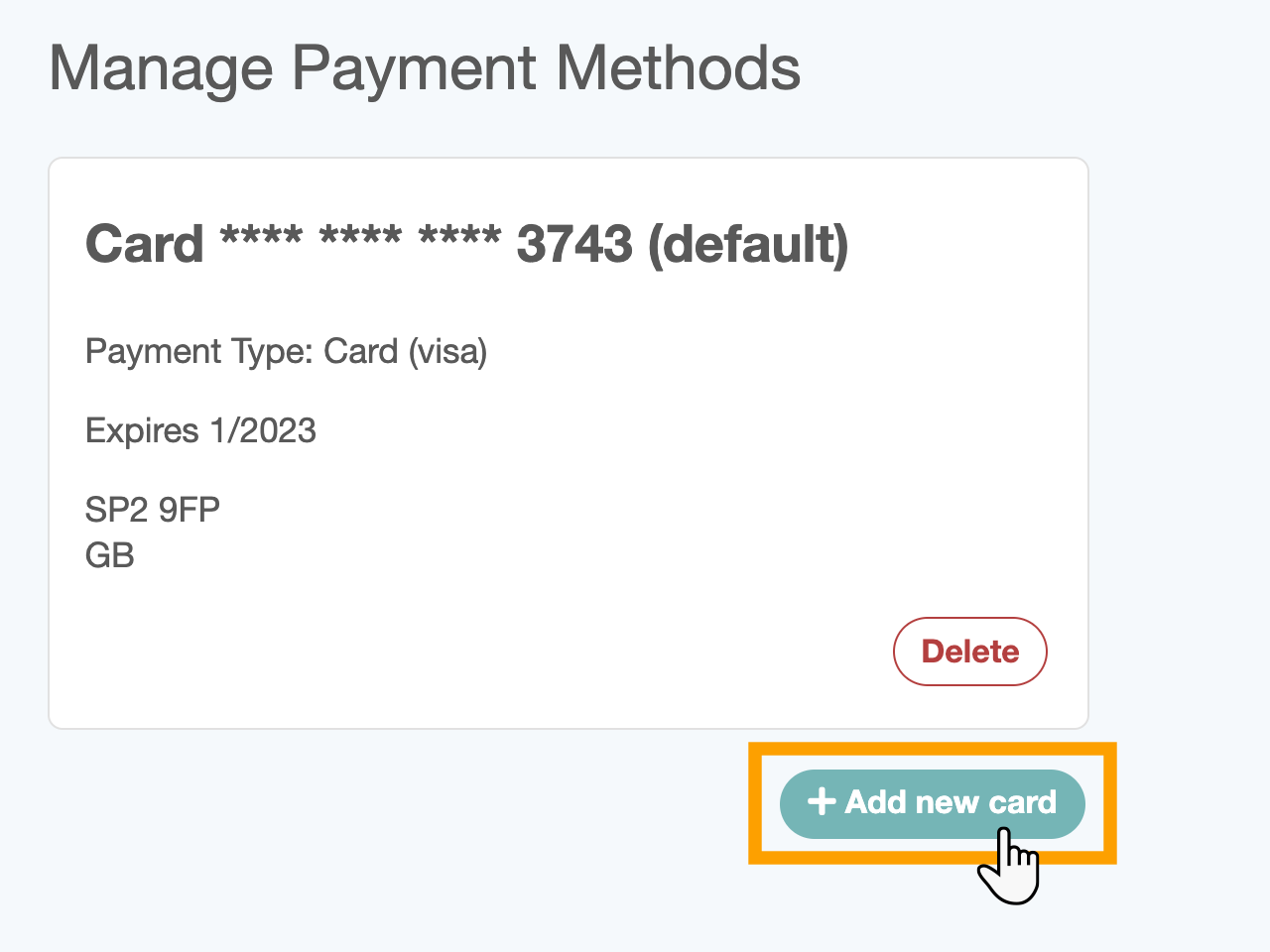 Manage payment methods to add a card in dog walking software