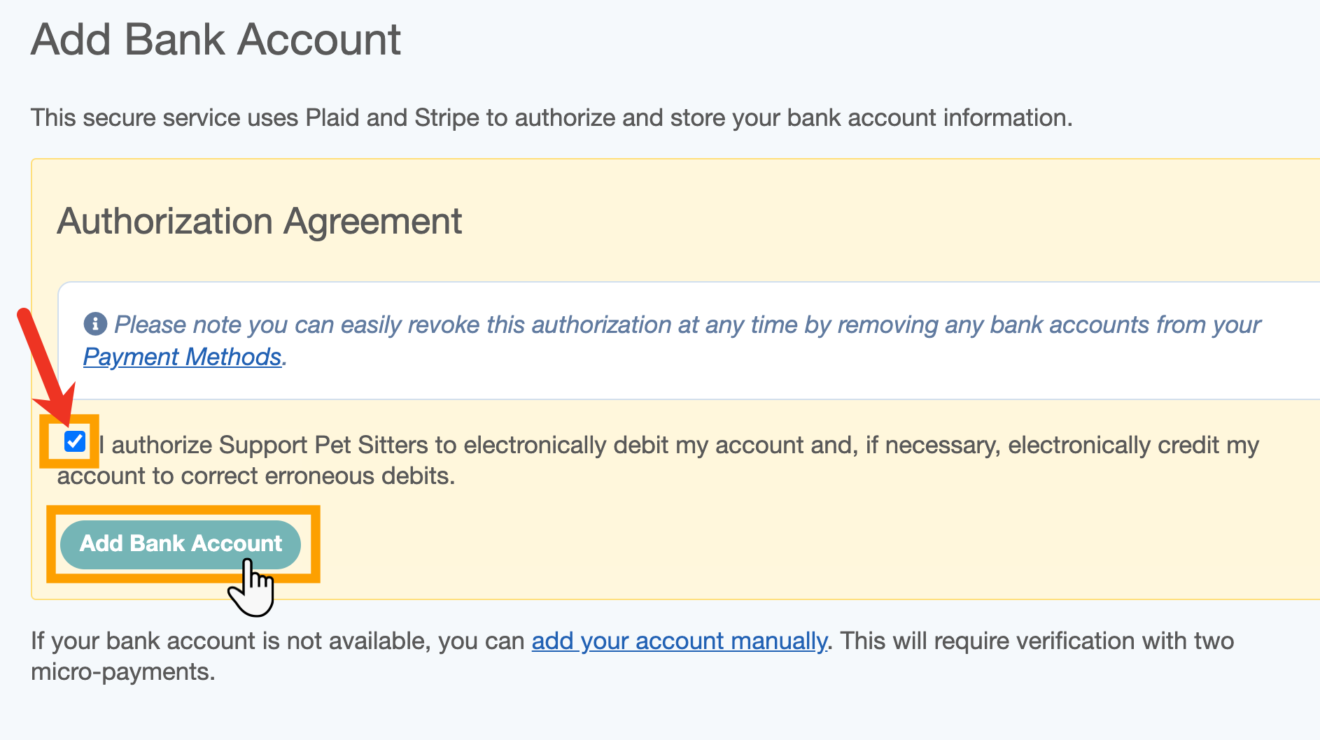 Authorize your bank account in the portal in pet sitting software
