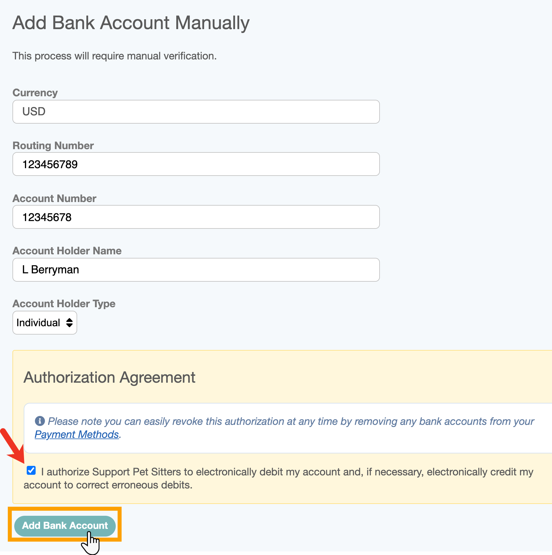 Add a bank account manually for a client in your dog walking software