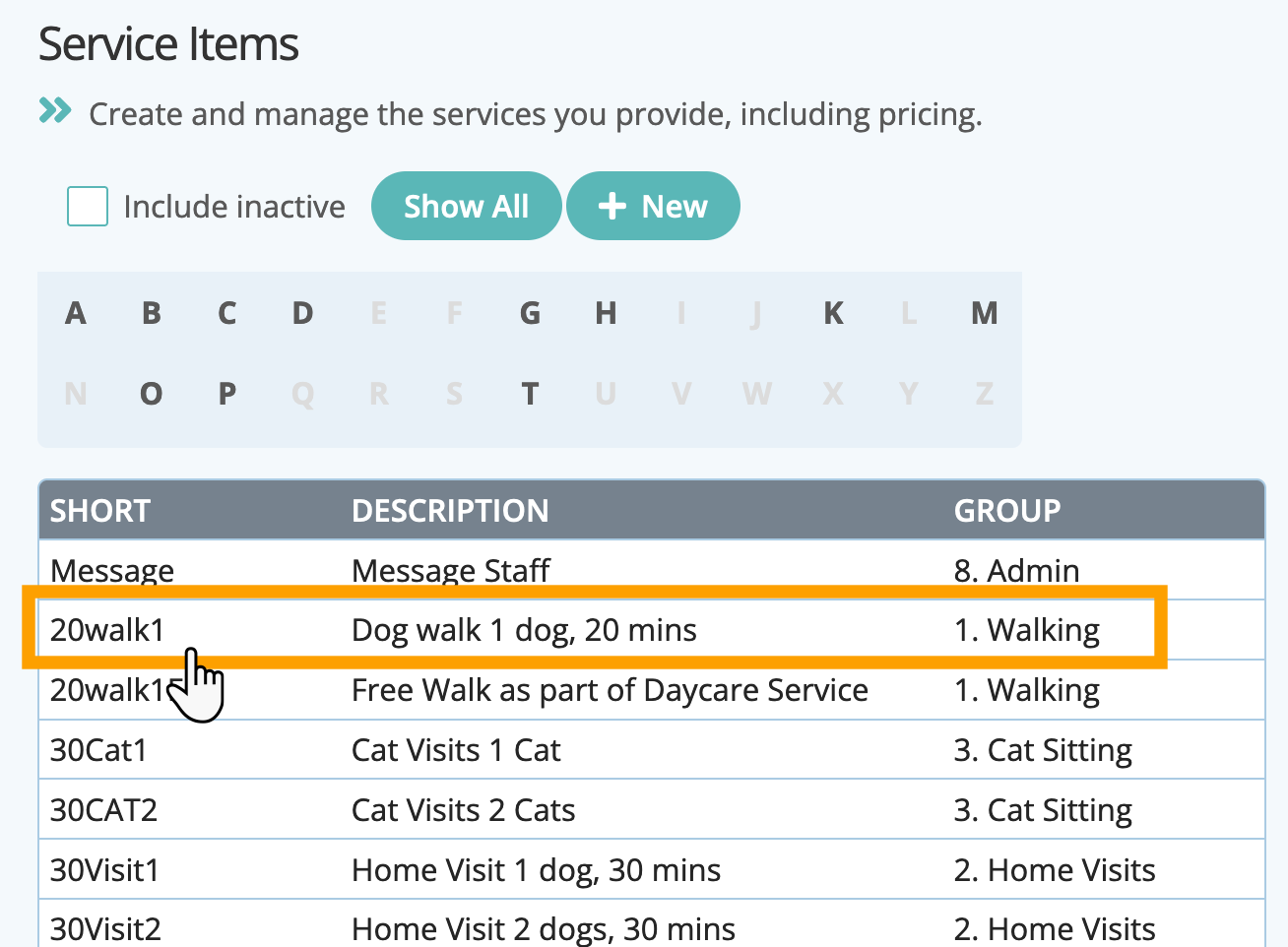 Select a service item in dog day care software