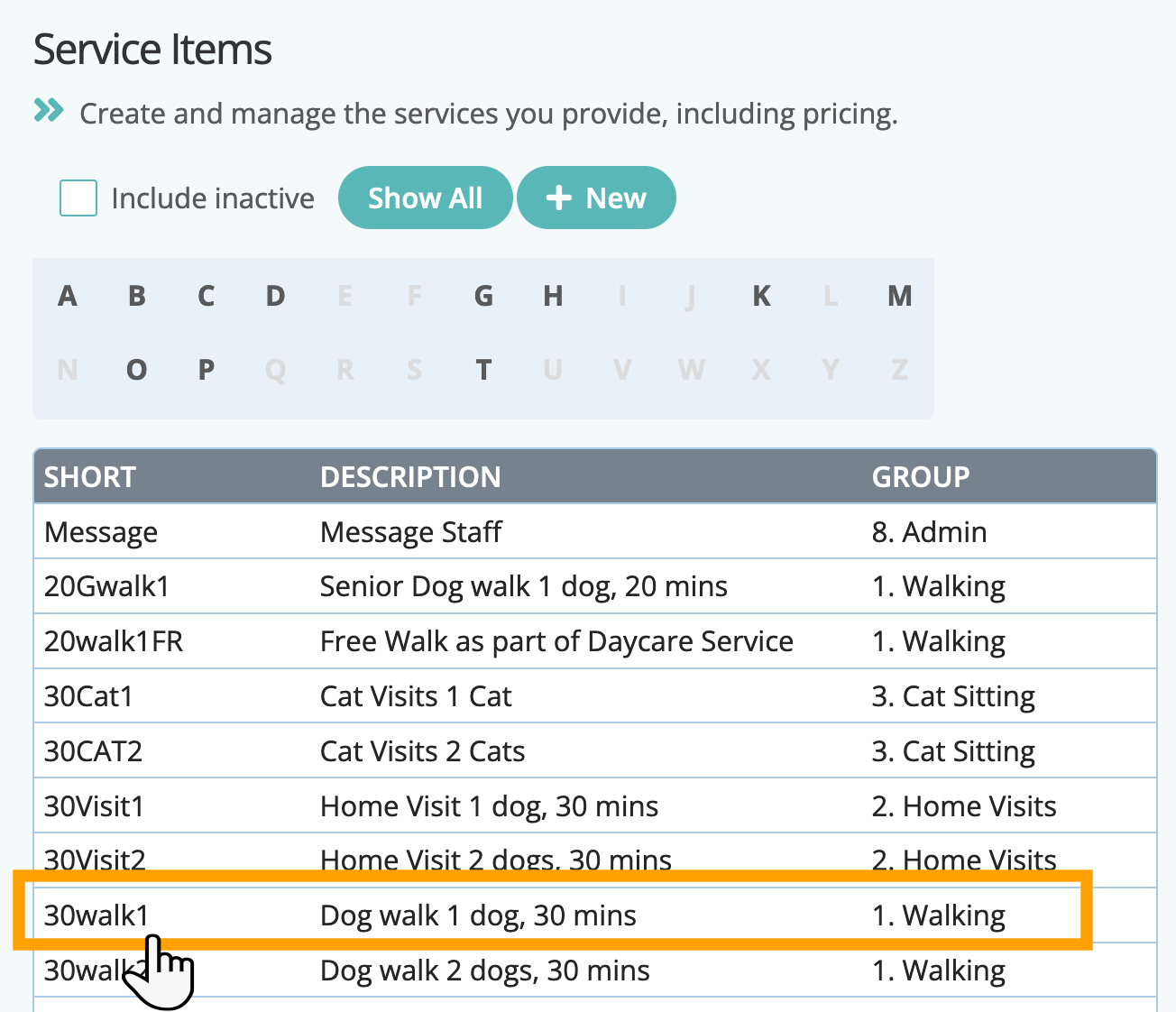 Click on the service item you wish to edit in dog day care software