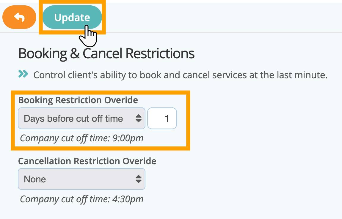 Add a booking cut off time in the booking restriction override in pet sitting software