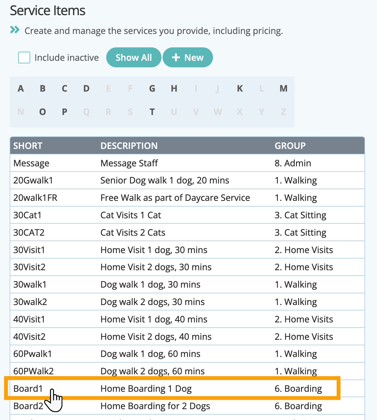 Select the service item you wish to edit in your pet sitting software